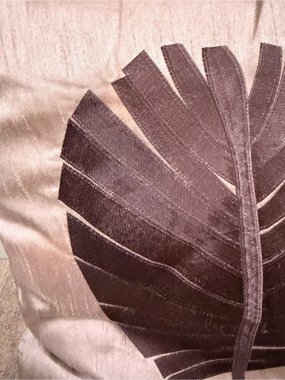 Pair of Decorative Satin Leaf Throw Pillow Covers- Taupe with Brown Leaf 17”x17”